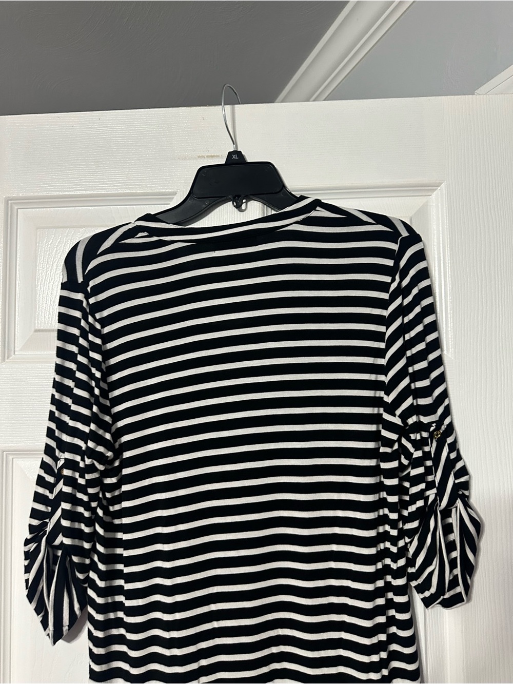 Calvin Klein Striped Half-Zip Roll Tab Sleeve Hi Lo Blouse - Picture 10 of 15
